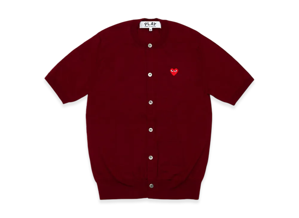 COMME des GARCONS PLAY Round Neck Short Sleeve Cardigan With Red Medium Emblem "Burgundy"