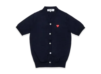 COMME des GARCONS PLAY Round Neck Short Sleeve Cardigan With Red Medium Emblem "Navy"