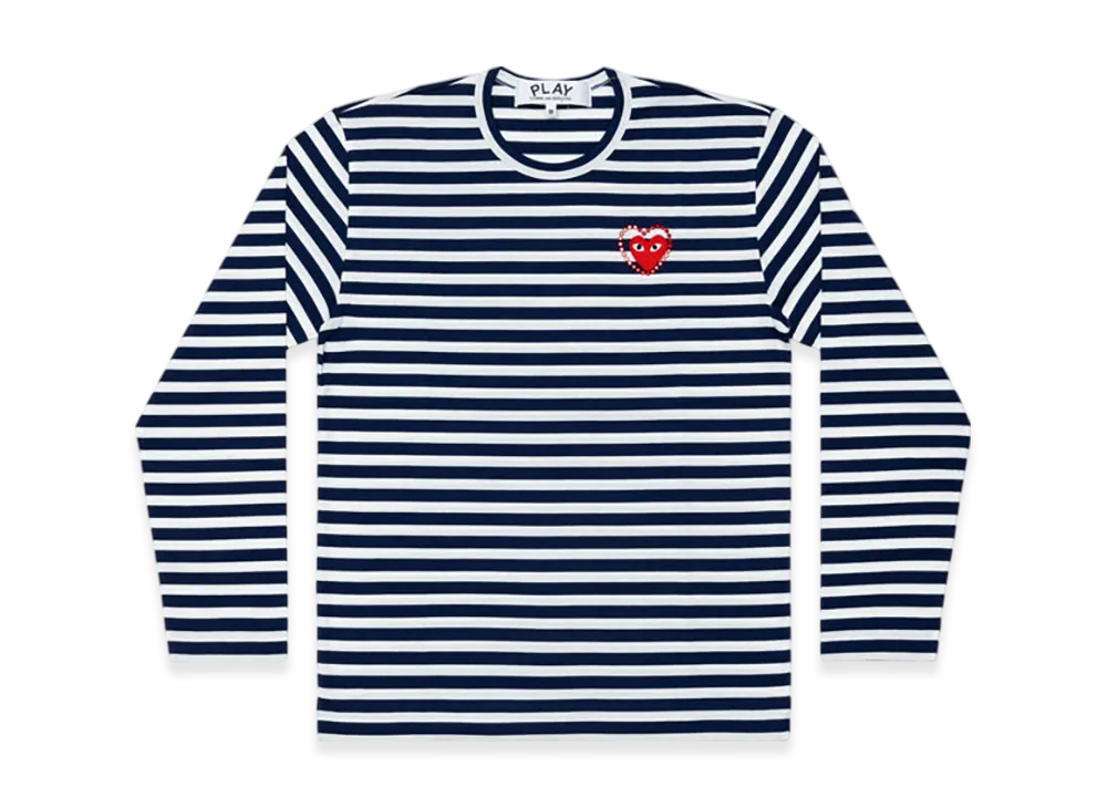 COMME des GARCONS PLAY Unisex Border Long Sleeve T-Shirt Red Emblem X Rhinestone "Navy/White"