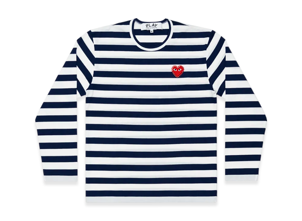 COMME des GARCONS PLAY Unisex Border Long Sleeve T-Shirt Red Emblem X Rhinestone "Navy/White"