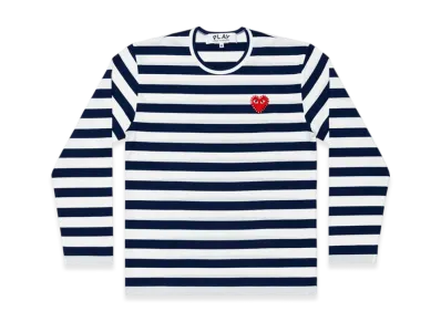 COMME des GARCONS PLAY Unisex Border Long Sleeve T-Shirt Red Emblem X Rhinestone "Navy/White"