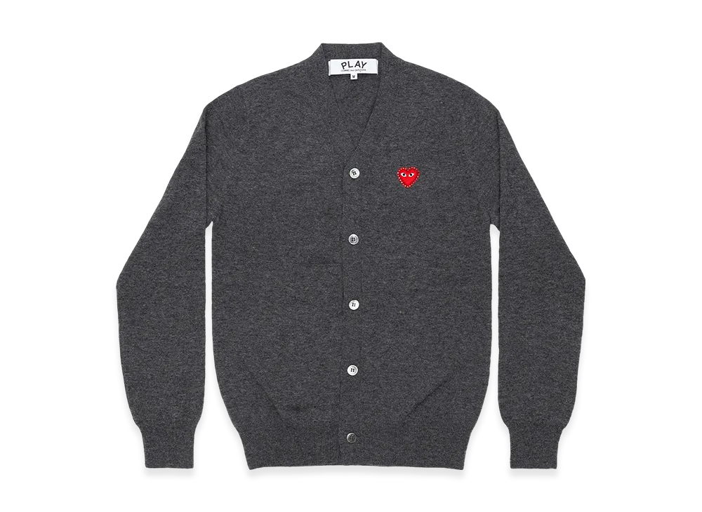 COMME des GARCONS PLAY Unisex V-Neck Cardigan with Emblem x Rhinestone "Medium Gray"