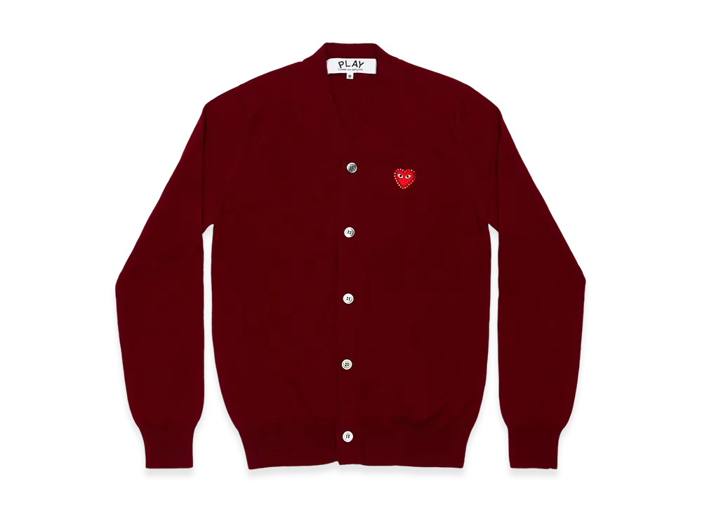 COMME des GARCONS PLAY Unisex V-Neck Cardigan with Emblem x Rhinestone "Burgundy"
