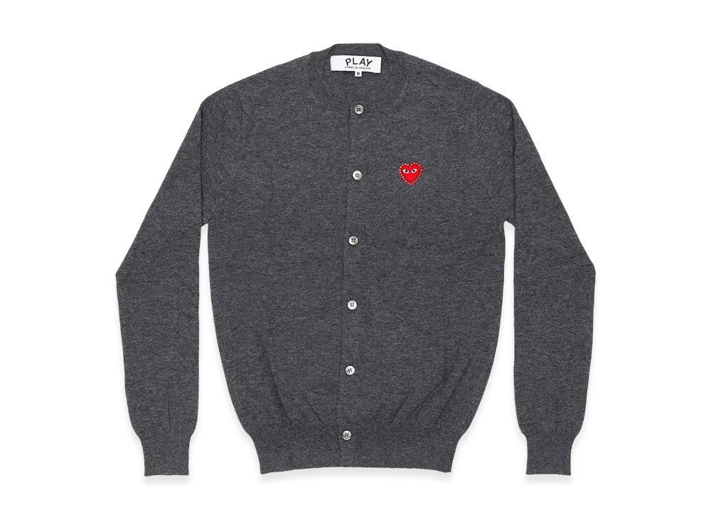 COMME des GARCONS PLAY Unisex Round Neck Cardigan with Emblem x Rhinestone "Medium Gray"