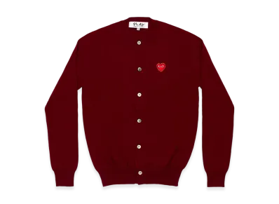COMME des GARCONS PLAY Unisex Round Neck Cardigan with Emblem x Rhinestone "Burgundy"