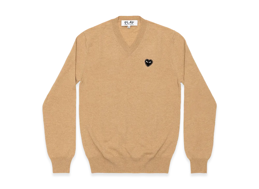 COMME des GARCONS PLAY Unisex V-Neck Sweater with Emblem x Rhinestone "Top Light Camel"