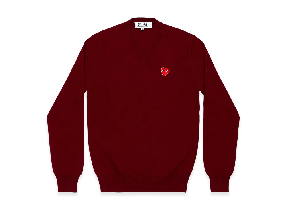 COMME des GARCONS PLAY Unisex V-Neck Sweater with Emblem x Rhinestone "Burgundy"