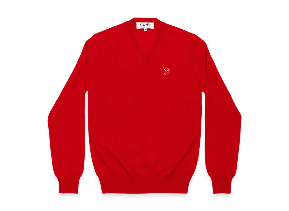 COMME des GARCONS PLAY Unisex V-Neck Sweater with Emblem x Rhinestone "Red"