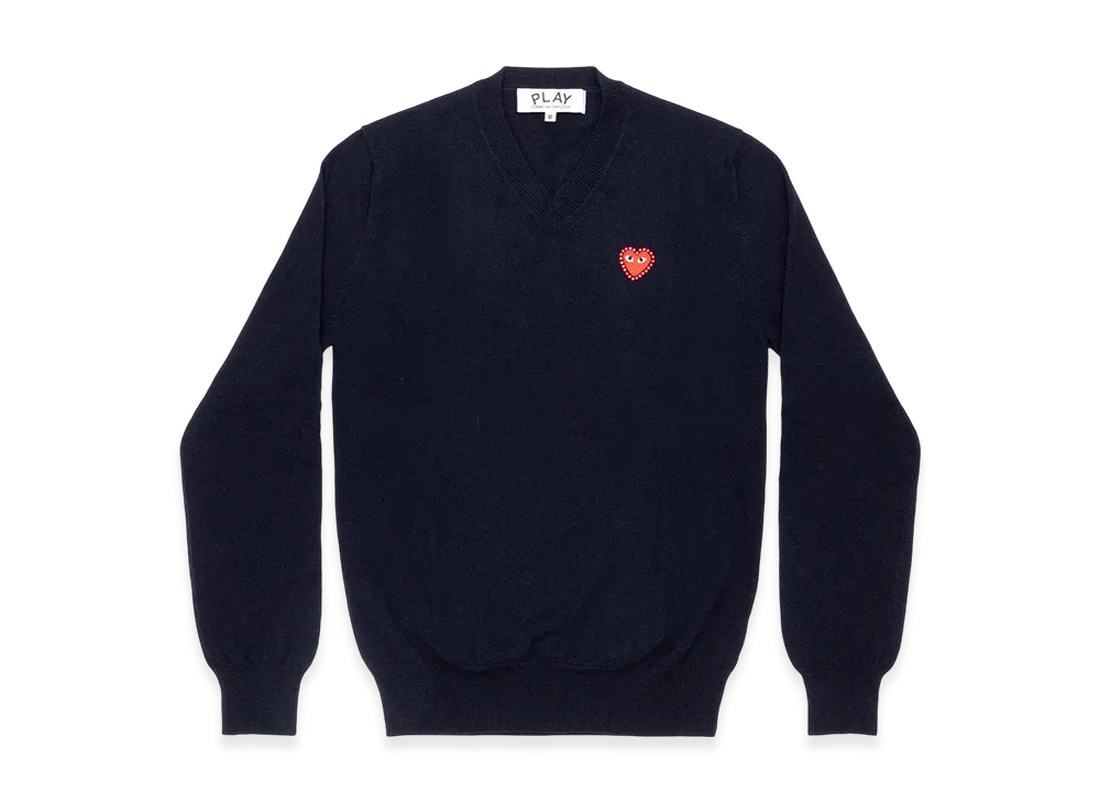 COMME des GARCONS PLAY Unisex V-Neck Sweater with Emblem x Rhinestone "Navy"