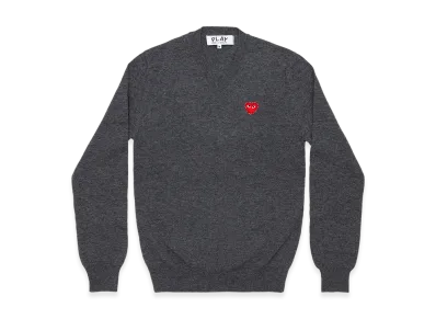 COMME des GARCONS PLAY Unisex V-Neck Sweater with Emblem x Rhinestone "Medium Gray"