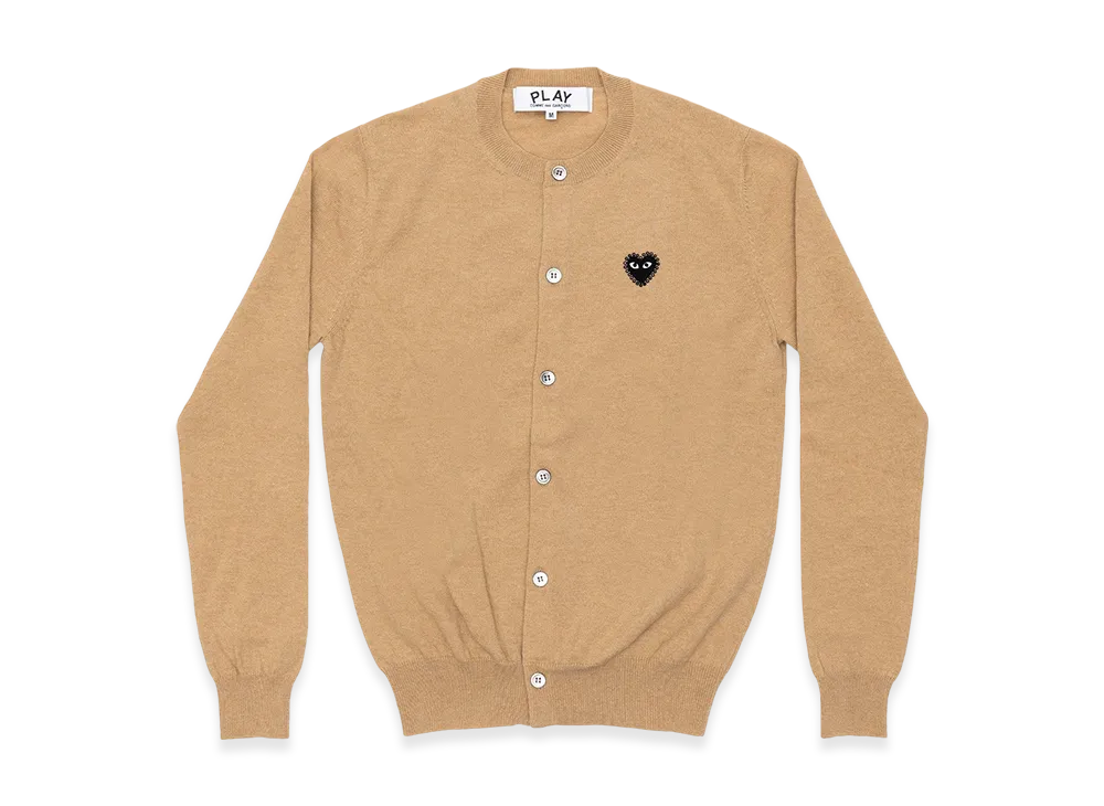 COMME des GARCONS PLAY Unisex Round Neck Cardigan with Emblem x Rhinestone "Top Light Camel"