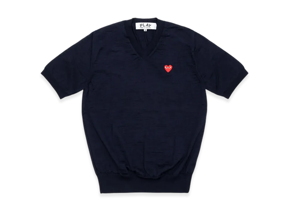 COMME des GARCONS PLAY V-Neck Short Sleeve Sweater With Red Medium Emblem "Navy"