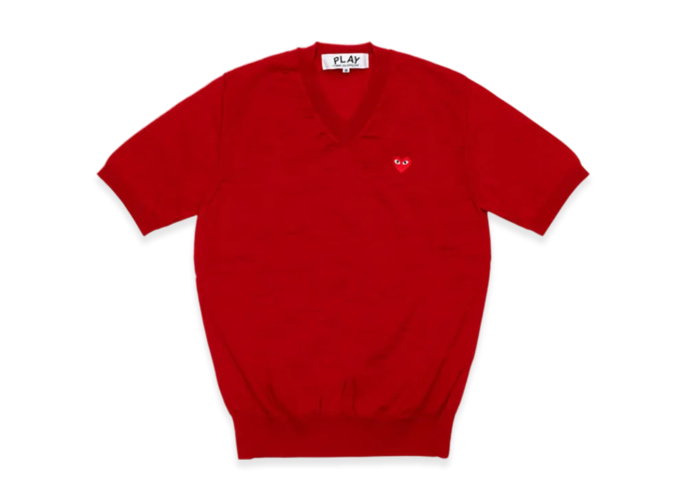 COMME des GARCONS PLAY V-Neck Short Sleeve Sweater With Red Medium Emblem "Red"