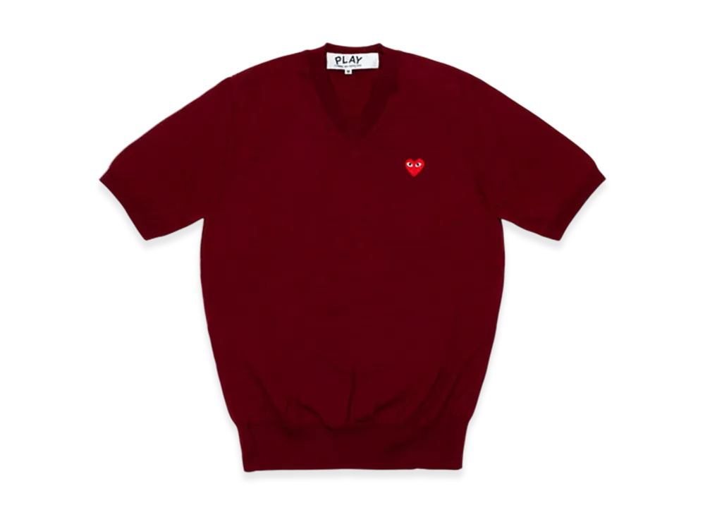 COMME des GARCONS PLAY V-Neck Short Sleeve Sweater With Red Medium Emblem "Burgundy"