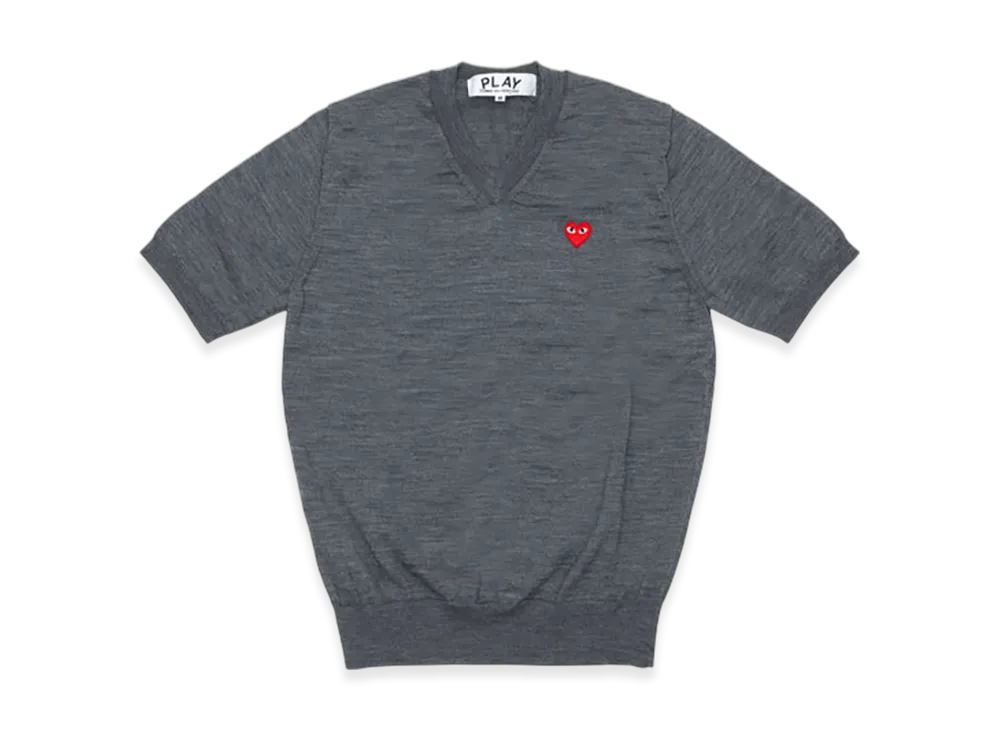 COMME des GARCONS PLAY V-Neck Short Sleeve Sweater With Red Medium Emblem "Medium Gray"
