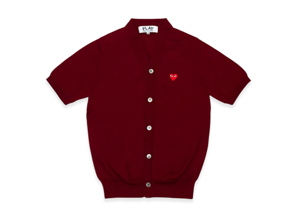 COMME des GARCONS PLAY V-Neck Short Sleeve Cardigan With Red Medium Emblem "Burgundy"