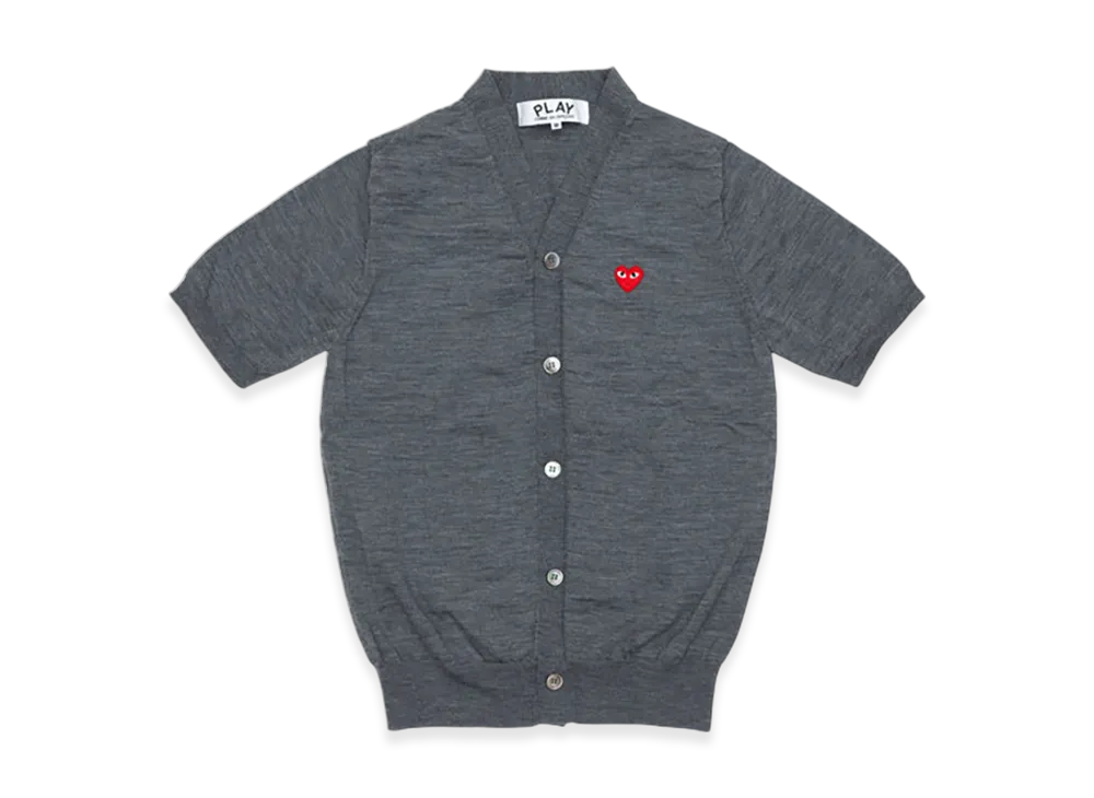 COMME des GARCONS PLAY V-Neck Short Sleeve Cardigan With Red Medium Emblem "Medium Gray"