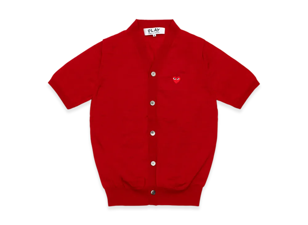 COMME des GARCONS PLAY V-Neck Short Sleeve Cardigan With Red Medium Emblem "Red"