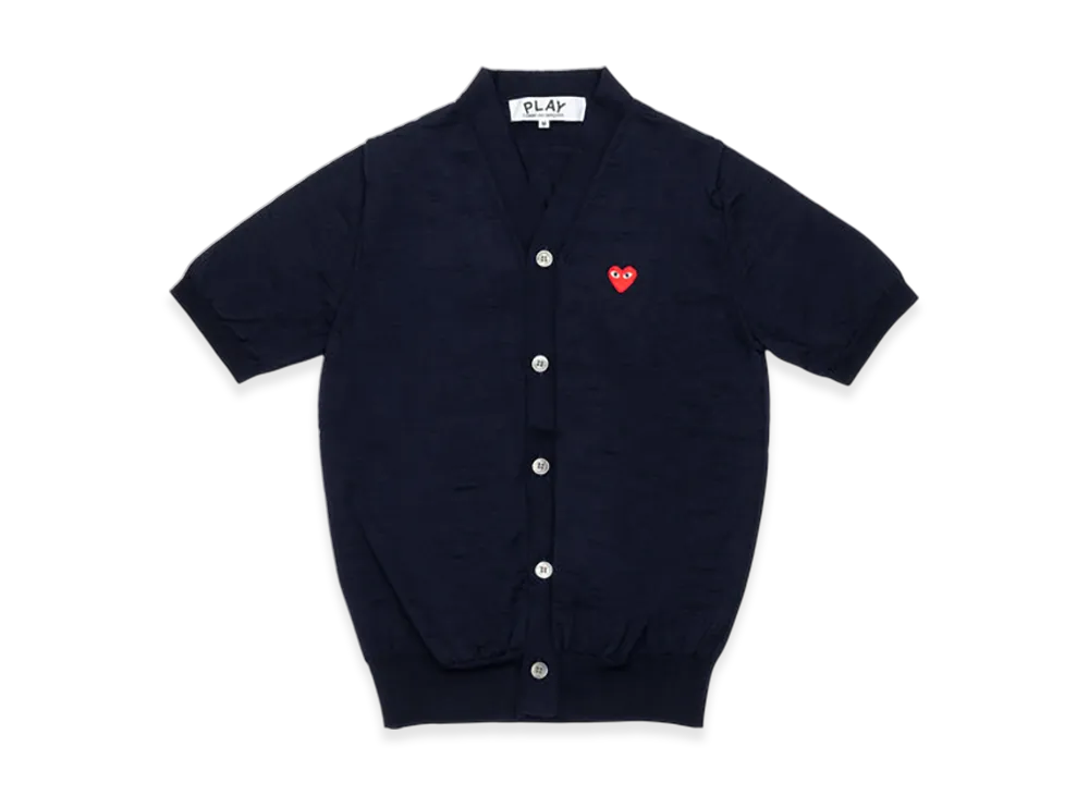 COMME des GARCONS PLAY V-Neck Short Sleeve Cardigan With Red Medium Emblem "Navy"