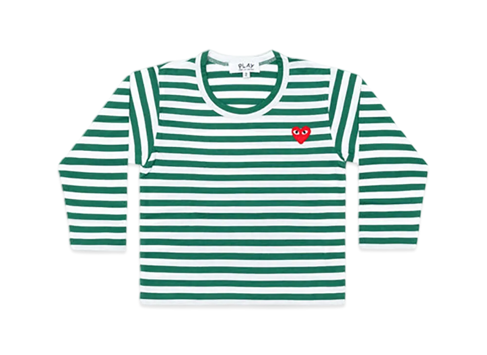 COMME des GARCONS PLAY Kids Border Printed Long Sleeve T-Shirt With Red Emblem "Green/White"