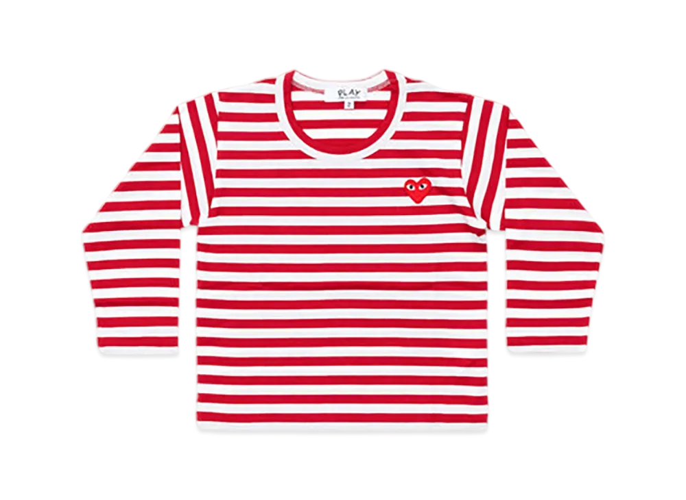 COMME des GARCONS PLAY Kids Border Printed Long Sleeve T-Shirt With Red Emblem "Red/White"