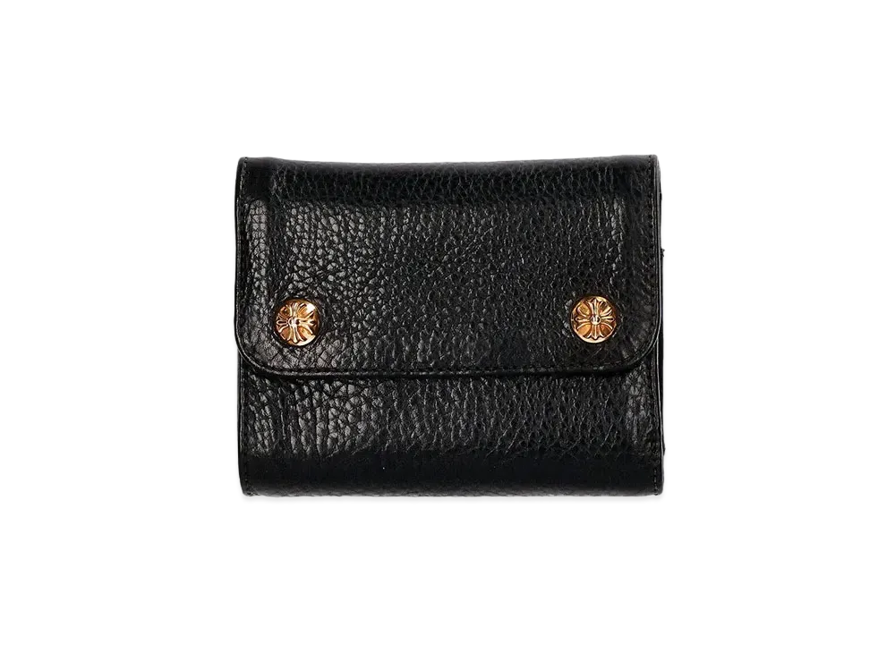 Chrome Hearts Wave Mini Cross Ball Button Leather Wallet "Black/Yellow Gold"