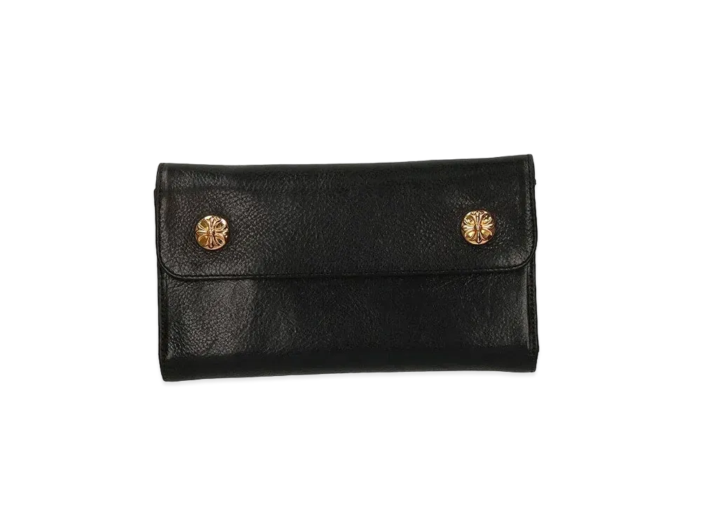 Chrome Hearts 22K Wave Cross Ball Button Leather Wallet "Black/Yellow Gold"