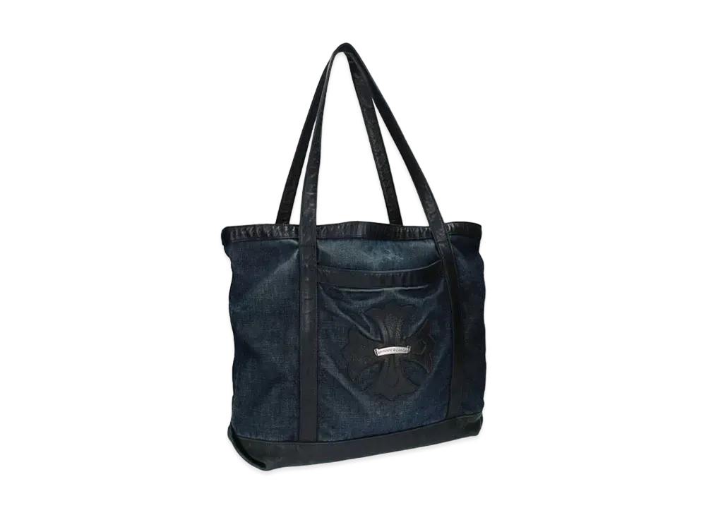 Chrome Hearts Cross Leather Patch Lining Check Denim Tote Bag "Indigo/Black/Red"