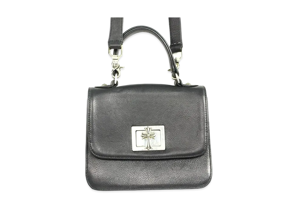Chrome Hearts 2 Section SM CH Cross 2way Clip Shoulder Leather Hand Bag "Black"