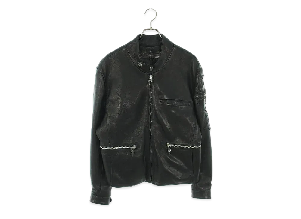 Chrome Hearts Racing Large Cross Dagger Zip Single Riders Leather Jacket "Black"