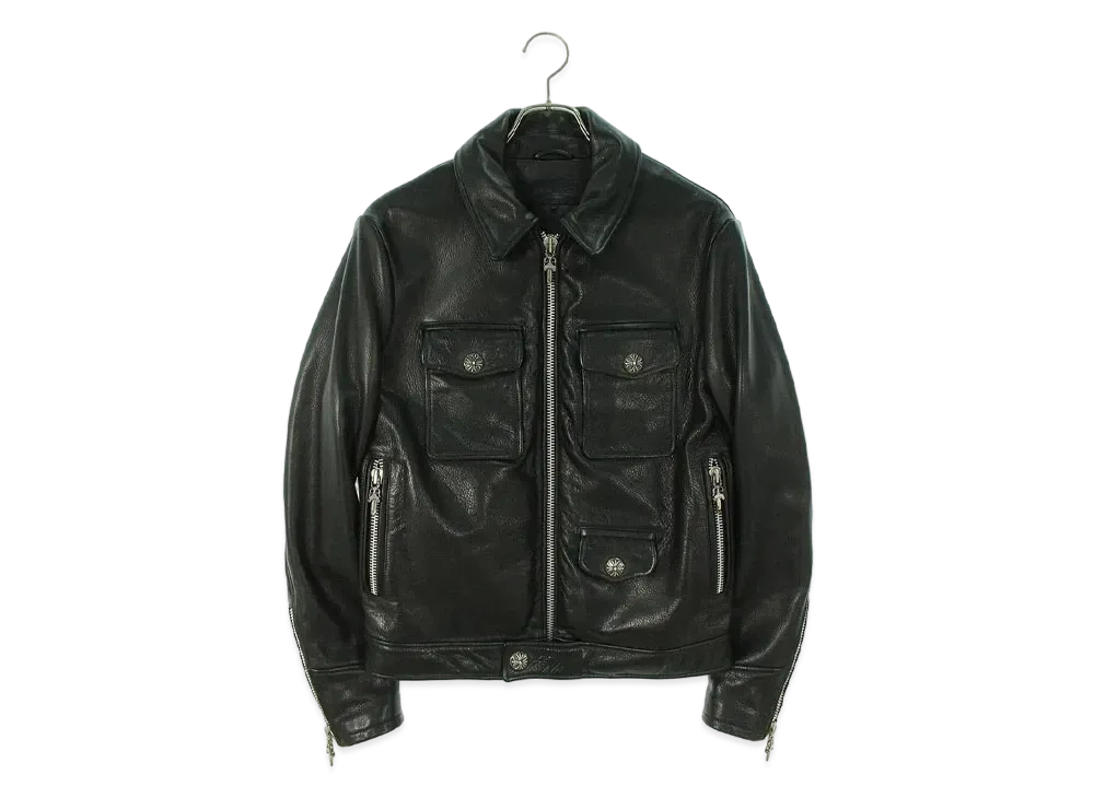 Chrome Hearts Police Man Center Dagger Zip Riders Leather Jacket "Black"