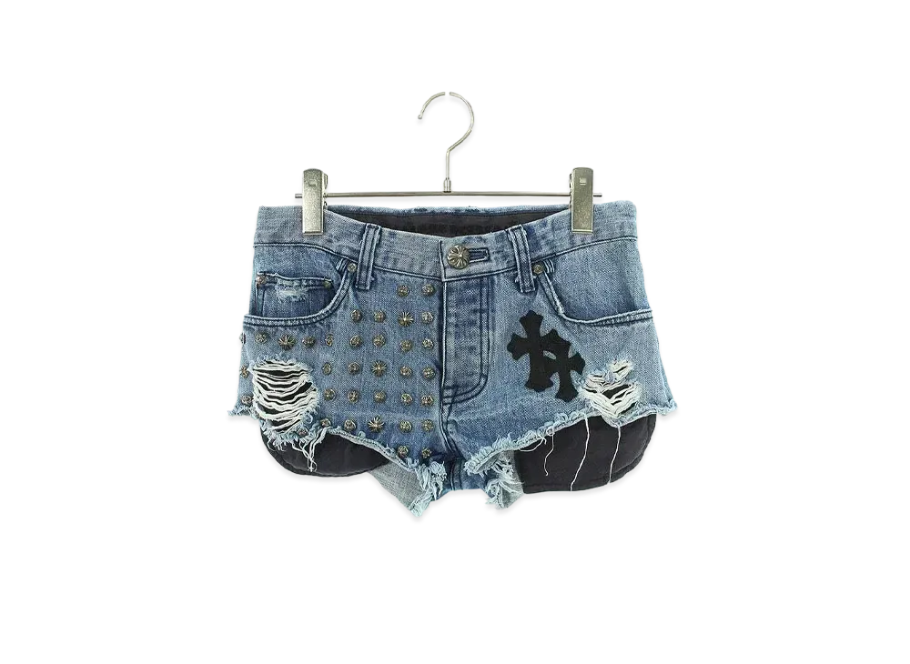 Chrome Hearts FU Wash Loaded Crossball Studs Cross Patch Short Denim Pants "Indigo/Black"