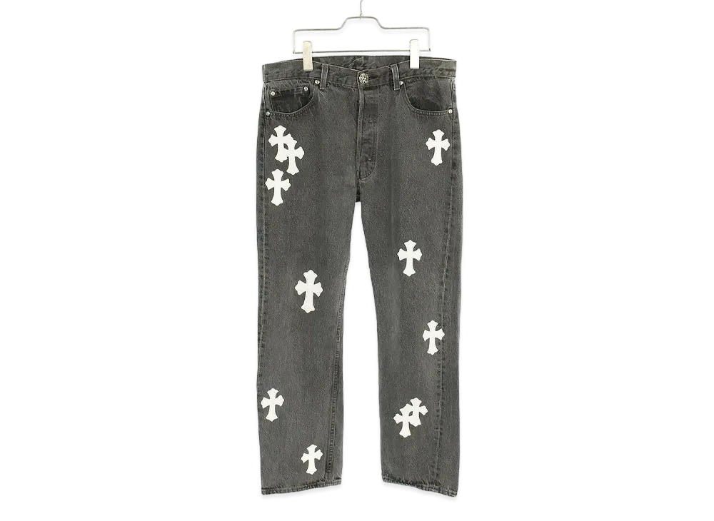 Chrome Hearts U VNTG Jean BLK/RED TAB Washed Denim Pants with Cross Patch "Gray/White"