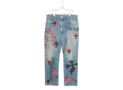 Chrome Hearts Stencil Paint Design Cross Patch Denim Pants "Blue/Black/Red"