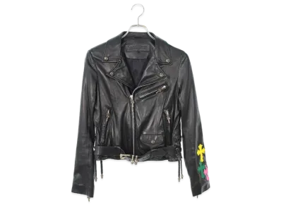 Chrome Hearts JJ Dean Sleeve Cross Patch Dagged Riders Leather Jacket "Black"