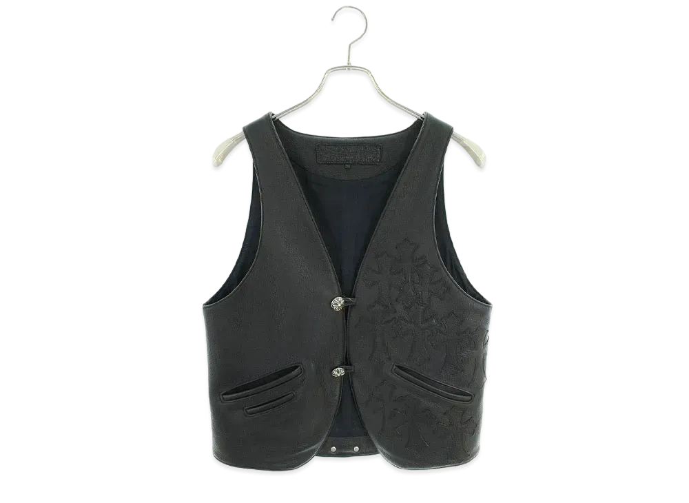 Chrome Hearts Classic 2B Leather Cross Ball Button Vest with Semetery Patch "Black"