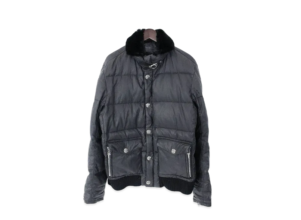 Chrome Hearts Rabbit Fur Cross Button Oil Linen Down Jacket "Black"