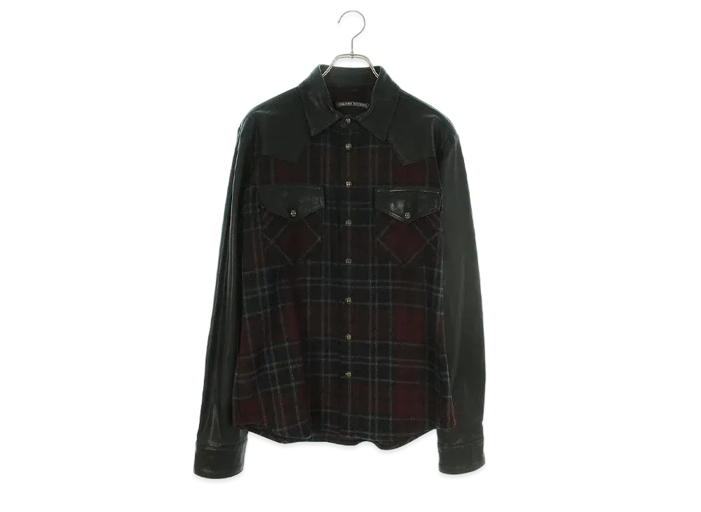 Chrome Hearts Cross Ball Button Check Leather Switching L/S Shirt "Bordeaux/Black"