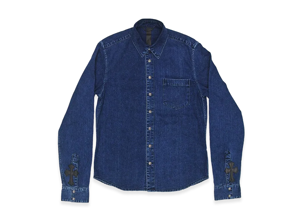 クロムハーツ ルーズエンド 袖クロスパッチ クロスボタン デニム ロングスリーブ シャツ "インディゴブルー"