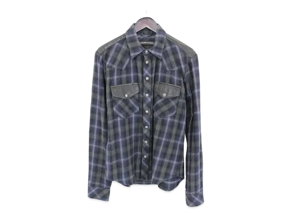 Chrome Hearts Check Pattern Leather Switch Wool Western L/S Shirt "Purple/Black"