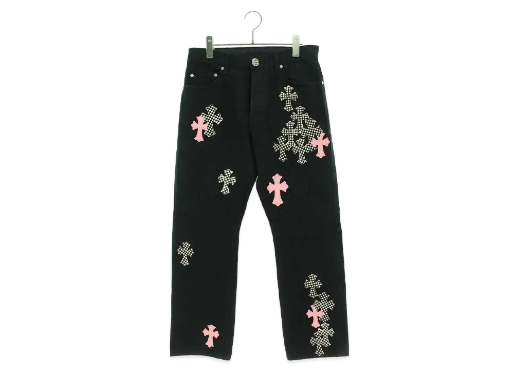 Chrome Hearts JEAN SL FLEURKNEE With Cross Patch Washed Frainy Stitch Denim Pants "Black/Pink/White"