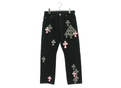 Chrome Hearts JEAN SL FLEURKNEE With Cross Patch Washed Frainy Stitch Denim Pants "Black/Pink/White"