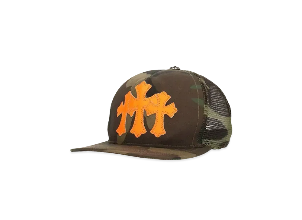 Chrome Hearts Trucker Cap Cemetery Leather Patch Cross Ball Mesh "Camo/Orange"