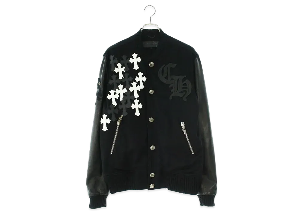Chrome Hearts Letterman Honolulu Limited CH Multi Leather Patch Leather Sleeve Blouson "Black/White/Silver"