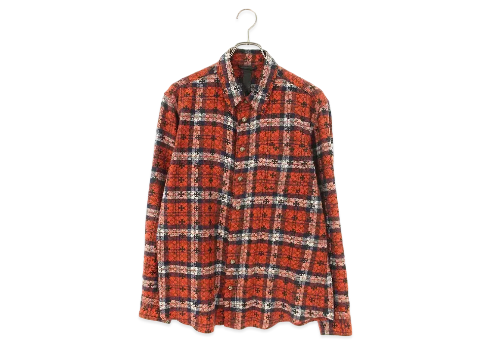 クロムハーツ ルーズエンド クロスパッチ付クロス総柄チェック長袖シャツ "レッド/ブラック"