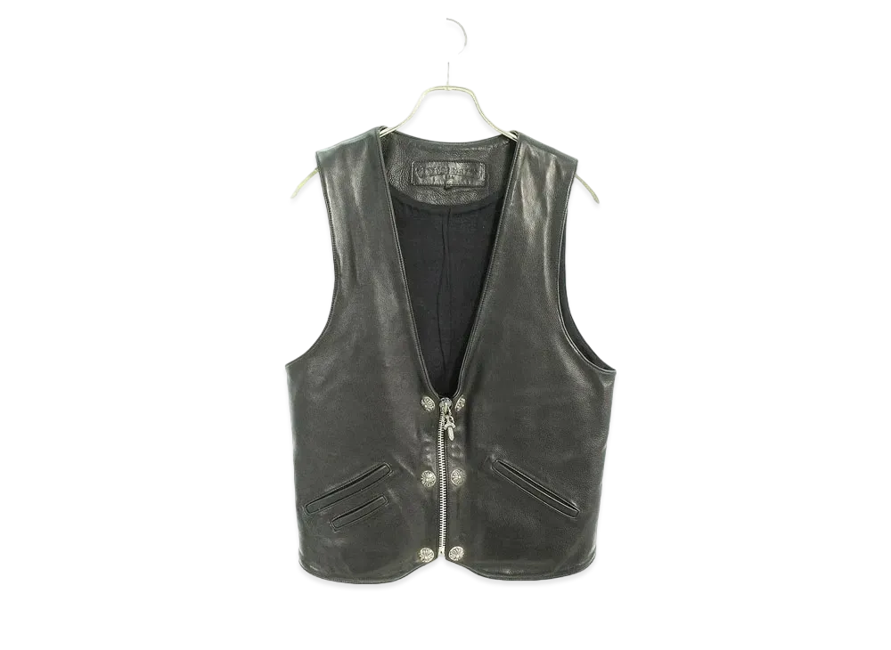 Chrome Hearts 6 Button Fairy Cross Leather Patch Dagger Zip Vest "Black"