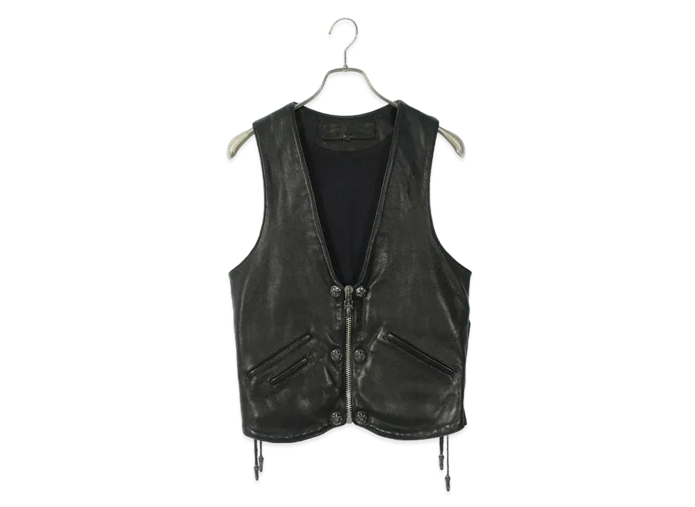 Chrome Hearts Back Flare 6 Button Dagger Zip Leather Vest "Black"