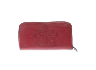 Chrome Hearts REC F Zip 3 Cemetery Cross Patch Round Zip Long Wallet "Red"
