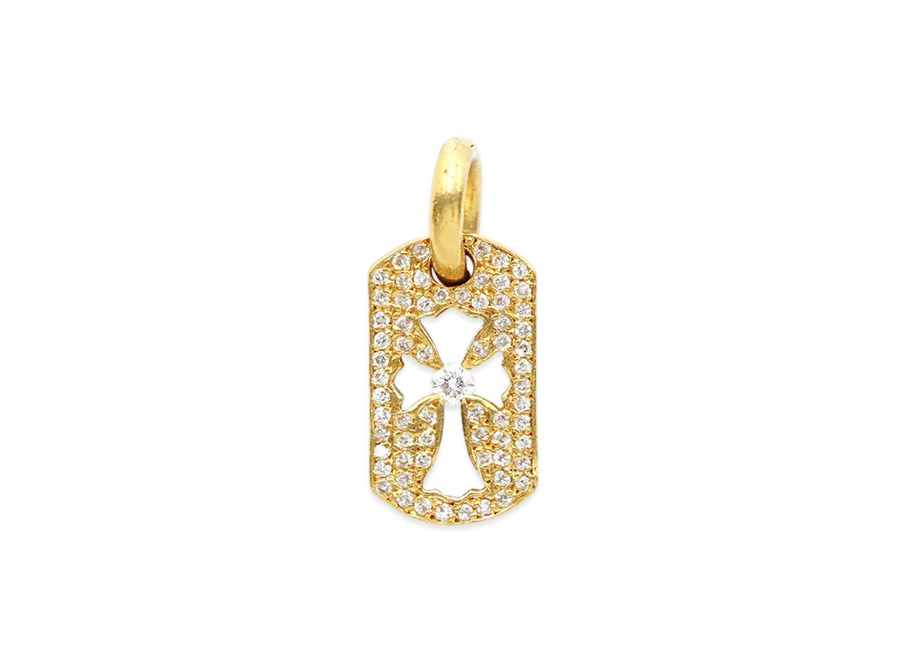 Chrome Hearts 22K Tiny Cutout Cross Dog Tag With Pave Diamond Charm "Yellow Gold"