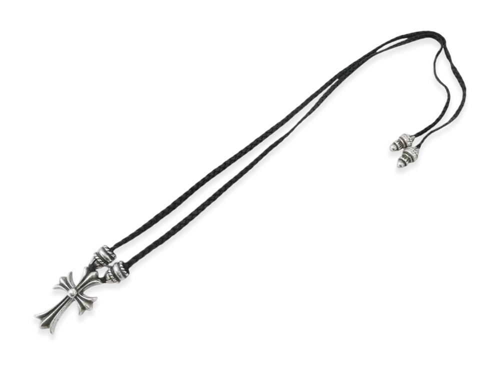 Chrome Hearts CH Cross Small Crimpt Bolo Tip Leather Braid Necklace "Silver"